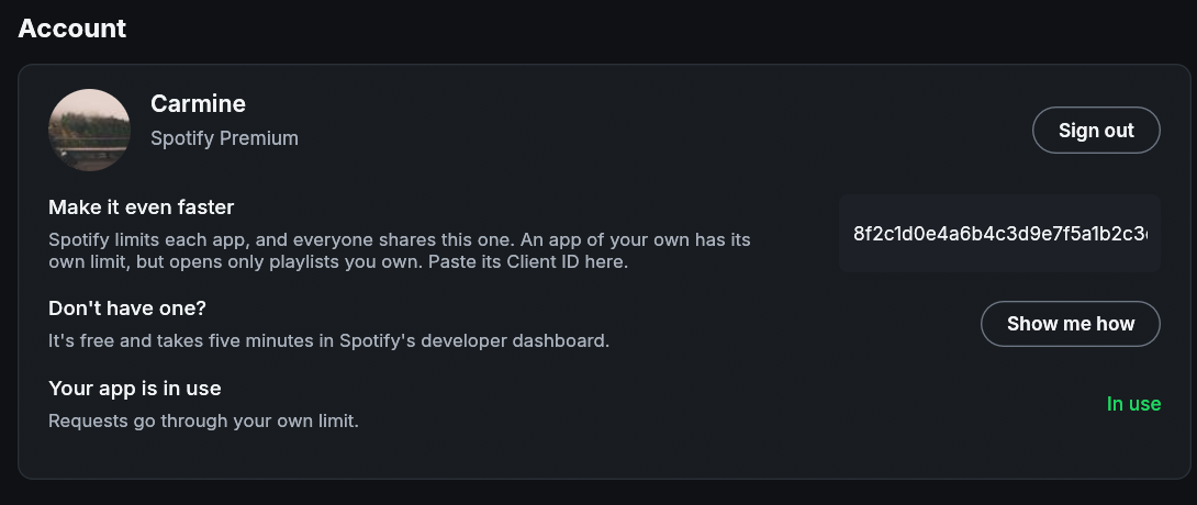 Settings, with a personal Spotify app in use