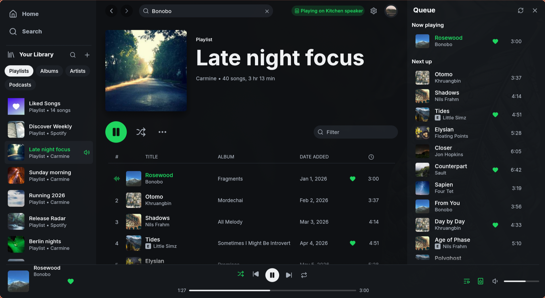 Fastpotify showing the Late night focus playlist with the queue panel open, a track playing, and the library in the sidebar